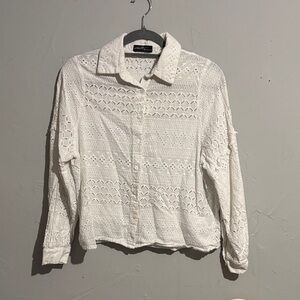 Delicate White Eyelet Button-Down Shirt with Collar - Women